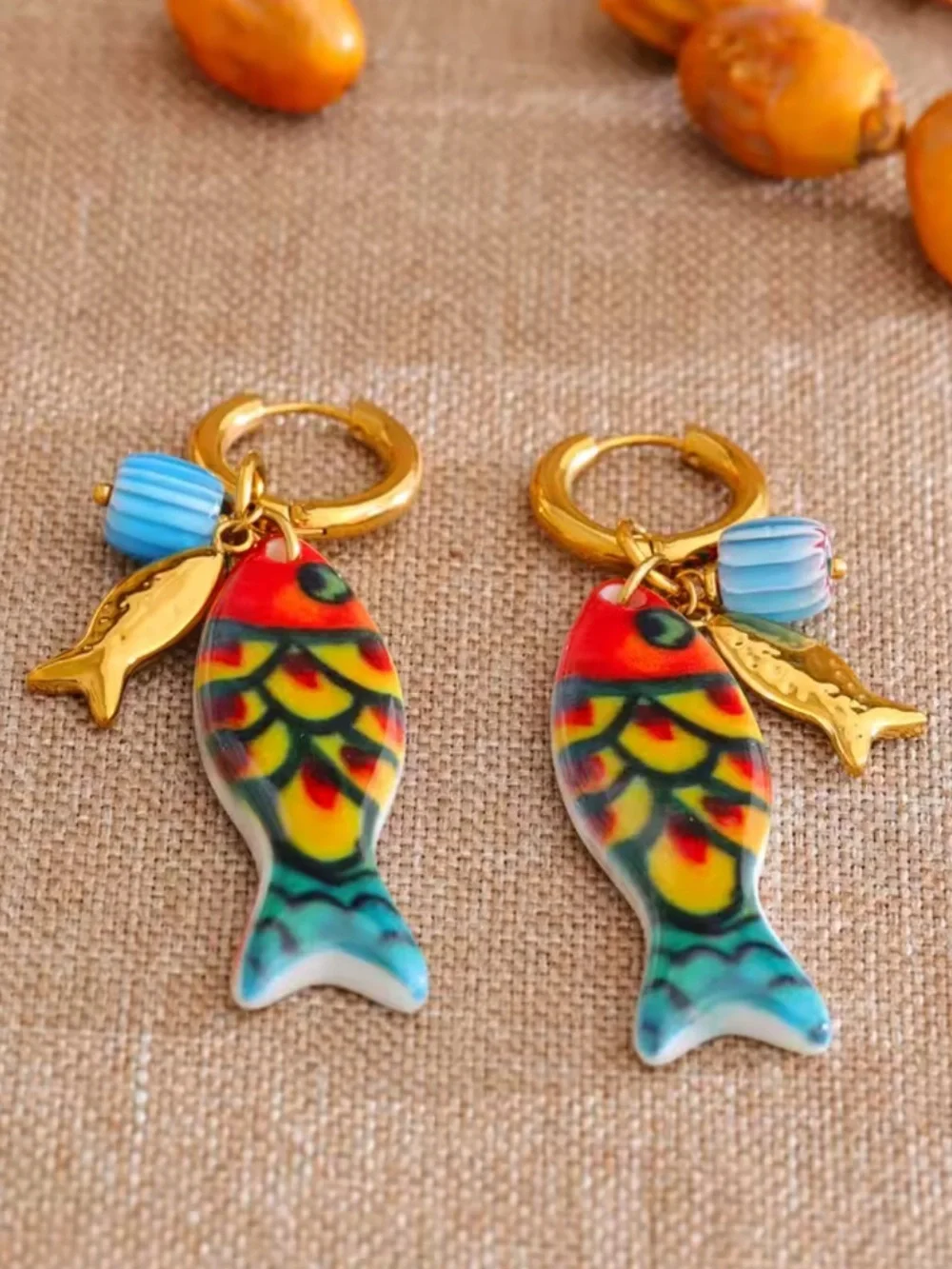 Amalfi Gold Fish Charm Blue Multicolor Ceramic Earrings